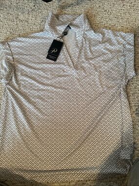 Adrianna Papell White Shirt with Navy Geometric Print Polo